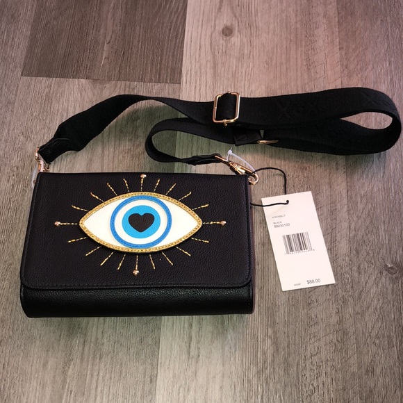 Betsey Johnson XOSYBIL-F Black Faux Leather Evil Eye Crossbody Bag NWT - Picture 1 of 16